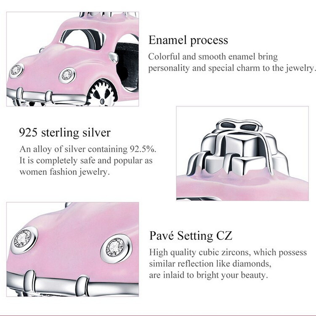 PAHALA 925 Sterling Silver Pink Car With Crystals Charm Bead