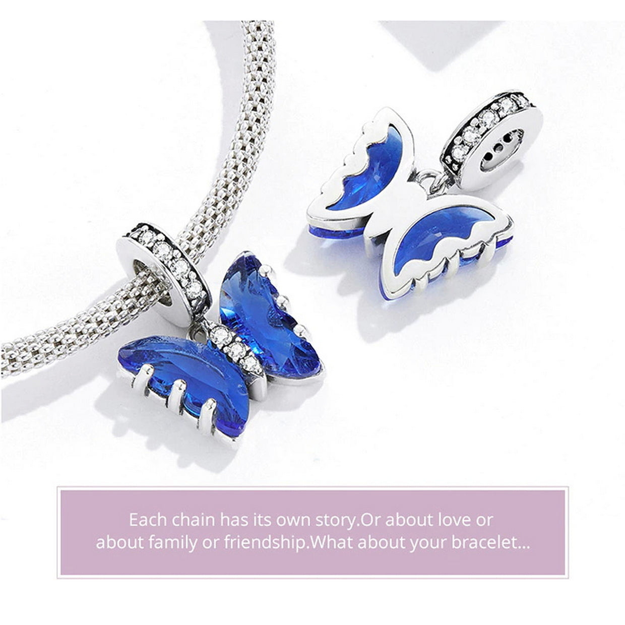 PAHALA 925 Sterling Silver Blue Crystal Murano Delicate Butterfly Pendant Charm Bead
