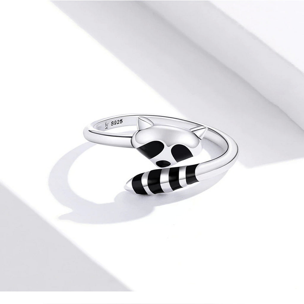 PAHALA 925 Strling Silver Cute Black Enamel Raccoon Finger Weeding Party Ring