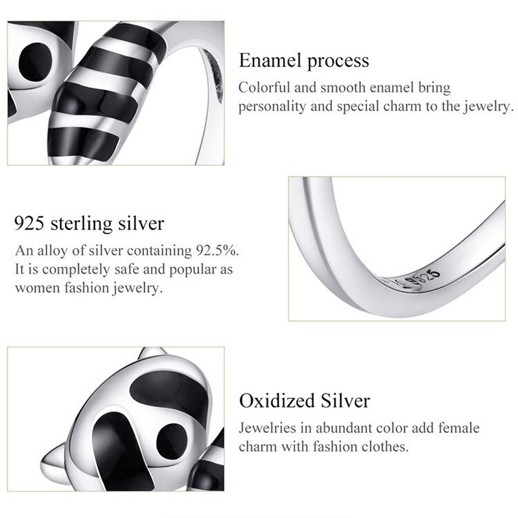 PAHALA 925 Strling Silver Cute Black Enamel Raccoon Finger Weeding Party Ring