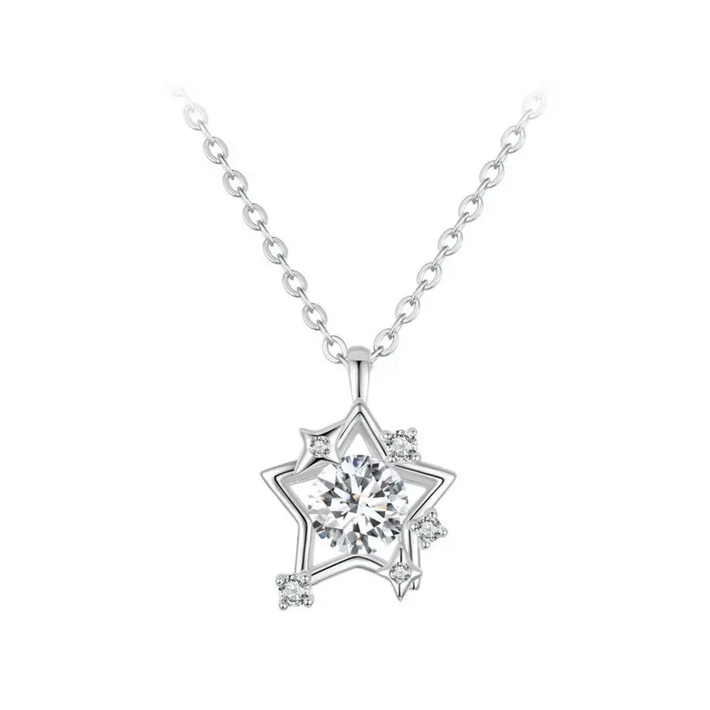 PAHALA 925 Strling Silver Clear CZ Shiny Star With Crystals Pendant Necklace
