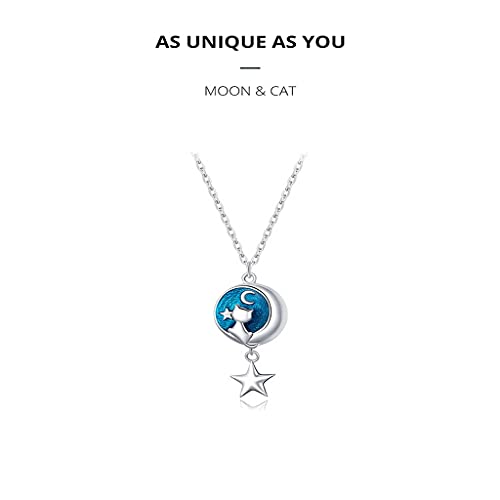 PAHALA 925 Sterling Silver Enamel Geometric Moon Cat Chain Necklace Pendant Wedding Necklace