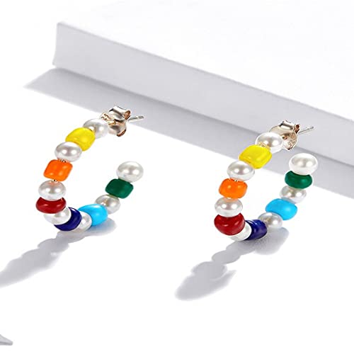 PAHALA 925 Sterling Silver Cute Rainbow Shell Pearl Hoop Earrings Stud Earrings