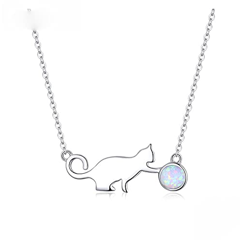 PAHALA 925 Sterling Silver Cute Pussy Cat with Ball Opal Pendant Necklace