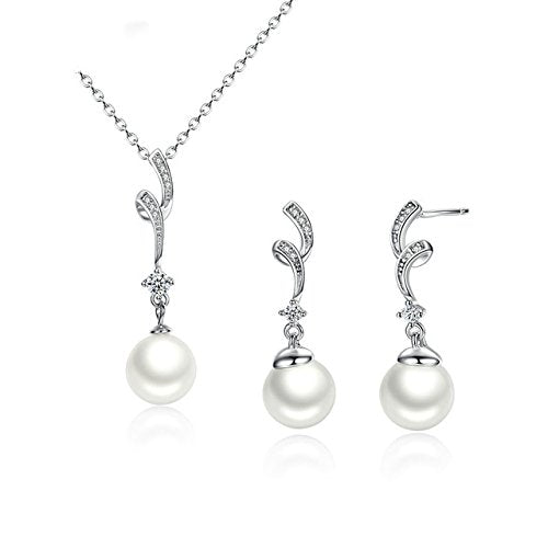 PAHALA 925 Sterling Silver Pearl with Crystals Pendant Necklace Earrings Jewelry Set