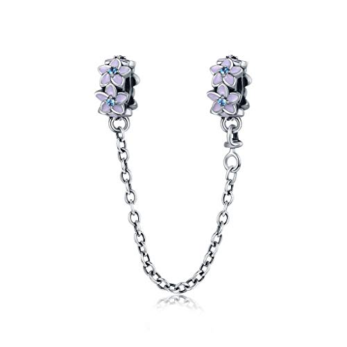PAHALA 925 Sterling Silver Purple Enamel Daisy Flower with Crystals Safety Chain Charm Bead