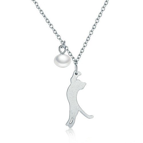 PAHALA 925 Sterling Silver Naughty Cat Play Ball Clear CZ Pendant Necklace