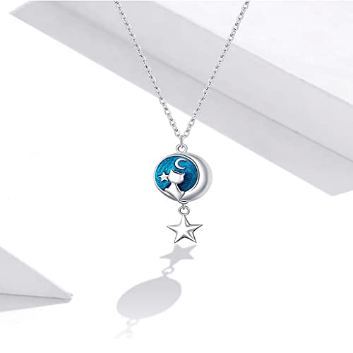 PAHALA 925 Sterling Silver Enamel Geometric Moon Cat Chain Necklace Pendant Wedding Necklace