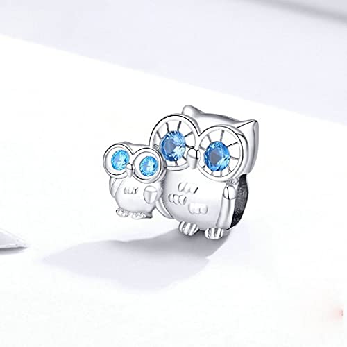 PAHALA 925 Sterling Silver Blue Crystal Owl Mom and Baby Charm Bead