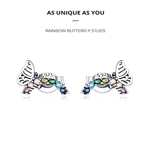 PAHALA 925 Sterling Silver Cute Rainbow Butterfly Coloful Crystals Stud Earrings