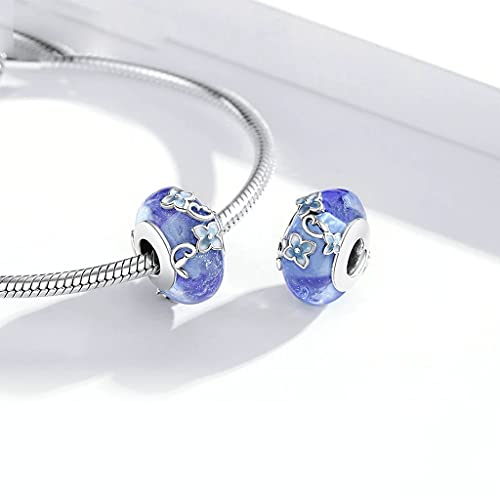 PAHALA 925 Strling Silver Blue Glass Secret Garden Flower Hydrangeas Charm Bead