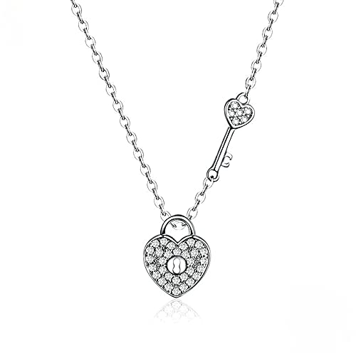 PAHALA 925 Sterling Silver Love Heart Lock Key Crystals Pendant Wedding Necklace