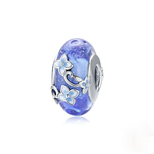PAHALA 925 Strling Silver Blue Glass Secret Garden Flower Hydrangeas Charm Bead