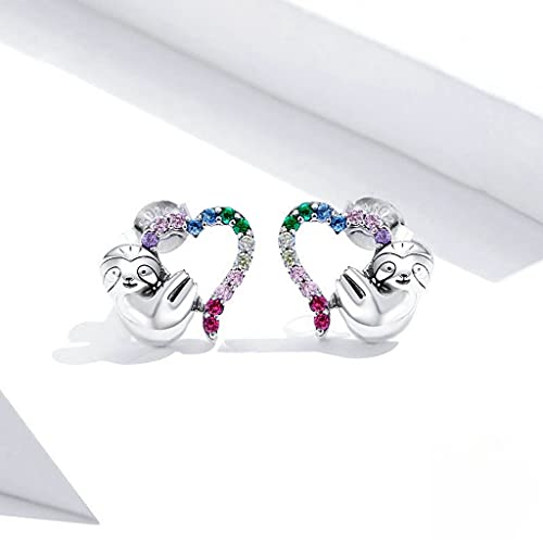 PAHALA 925 Sterling Silver Rainbow Color Heart With Crystals Sloth Stud Earrings