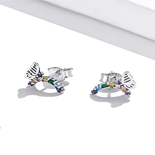 PAHALA 925 Sterling Silver Cute Rainbow Butterfly Coloful Crystals Stud Earrings