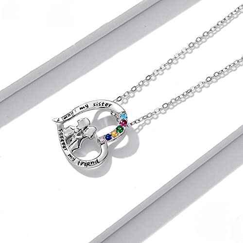 PAHALA 925 Sterling Silver Best Sisters Forever Friend Heart Rainbow Crystals Pendant Necklace