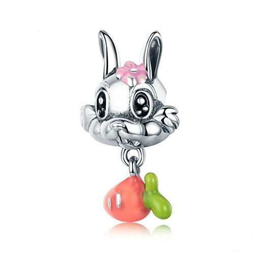 PAHALA 925 Sterling Silver Lovely Cute Rabbit with Carrot Charm Bead
