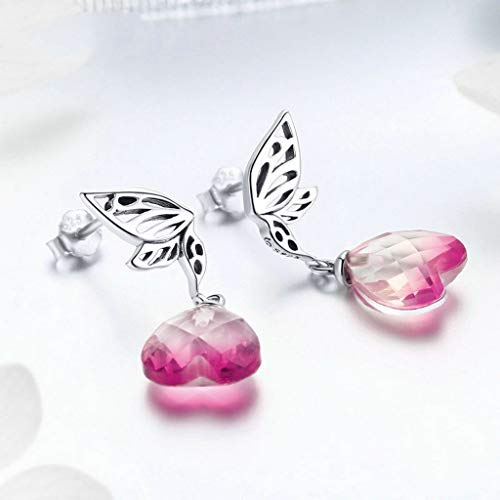 PAHALA 925 Sterling Silver Pink Heart Hope Wings With Crystal Drop Earrings