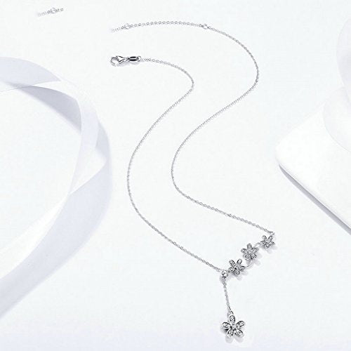 PAHALA 925 Sterling Silver Daisy Flower Tassel with Crysatls Clear CZ Pendant Necklace