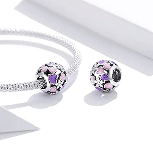 PAHALA 925 Sterling Silver Enamel Heart Purple Pink Ball Round Flower Charm Bead