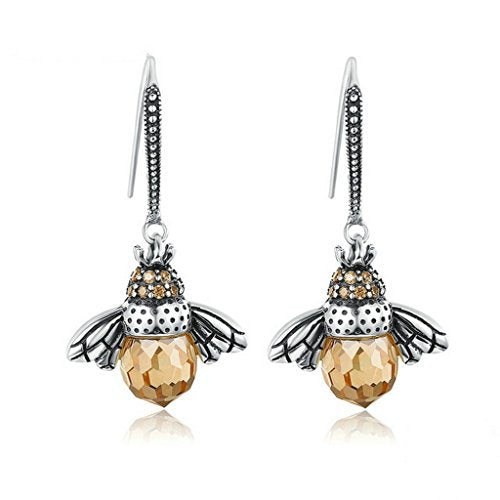 PAHALA 925 Sterling Lovely Bee With Crystals Party Wedding Drop Earrings