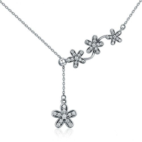 PAHALA 925 Sterling Silver Daisy Flower Tassel with Crysatls Clear CZ Pendant Necklace