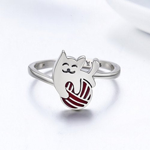 PAHALA 925 Sterling Silver Cat with Enamel Red Ball Wedding Engagement Band Ring