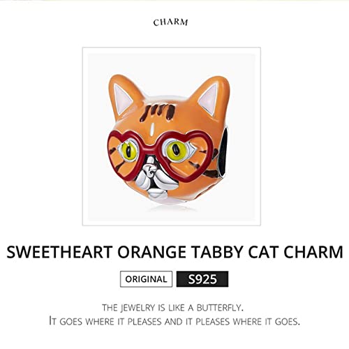 PAHALA 925 Sterling Silver Enamel Cartoon Cute Sweet Heart Tabby Cat Charm Bead