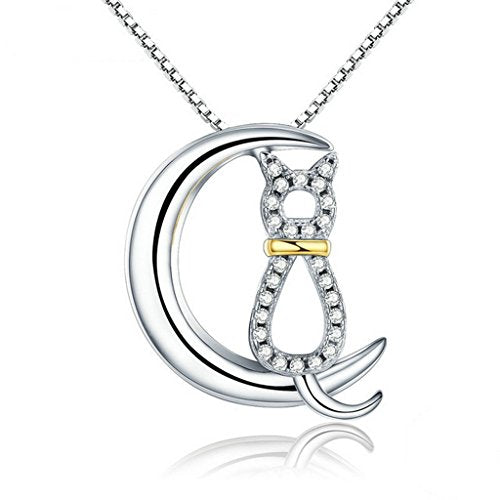 PAHALA 925 Sterling Silver Moon with Cute Cat Crystals Clear CZ Pendant Necklace