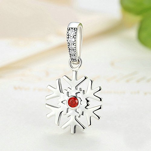 PAHALA 925 Strling Silver Snowfalke with Red Crystals Charms Pendant Fit Bracelets Necklace