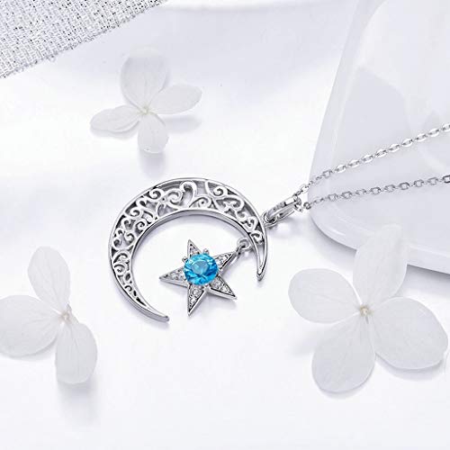 PAHALA 925 Sterling Silver Sparkling Moon Star with Blue Crystal Pendant Necklace