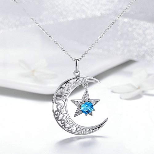 PAHALA 925 Sterling Silver Sparkling Moon Star with Blue Crystal Pendant Necklace