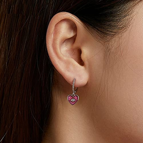 PAHALA 925 Sterling Silver Enamel Colorful Heart Demon Eye Sapphire Hoop Drop Earrings