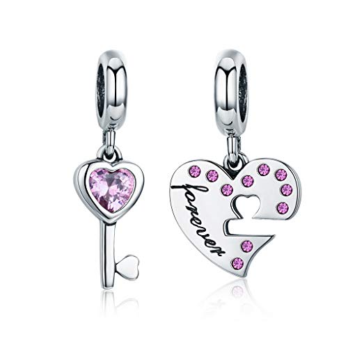 PAHALA 925 Strling Silver Lock Key of Heart Pink Charms