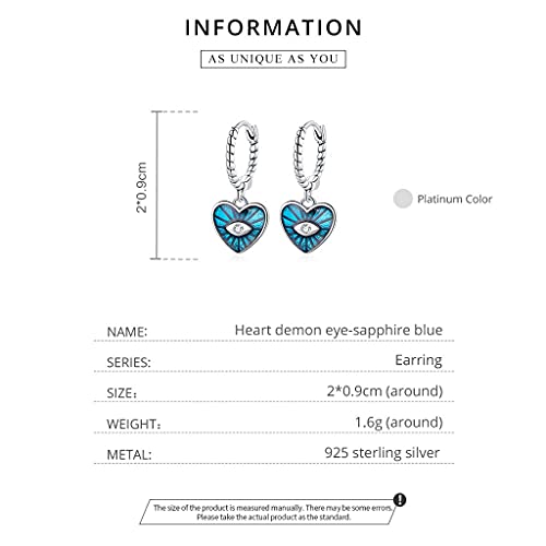PAHALA 925 Sterling Silver Enamel Colorful Heart Demon Eye Sapphire Hoop Drop Earrings