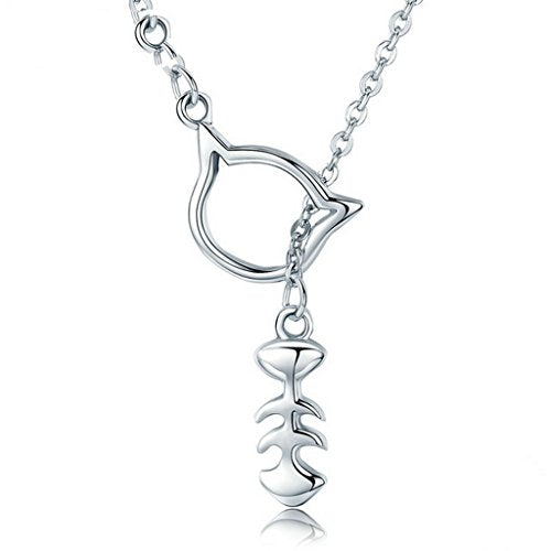 PAHALA 925 Sterling Silver Sweet Little Cat Love Fish Clear CZ Pendant Necklace
