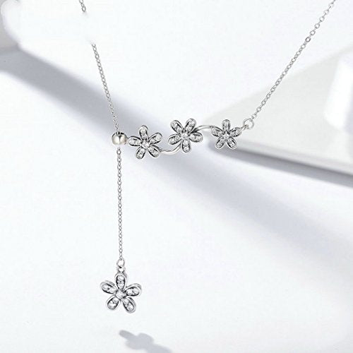 PAHALA 925 Sterling Silver Daisy Flower Tassel with Crysatls Clear CZ Pendant Necklace