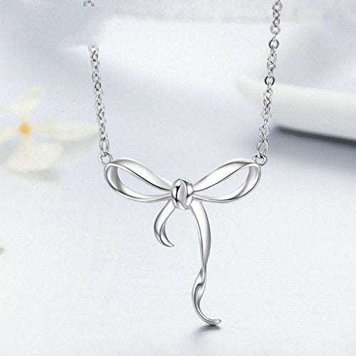 PAHALA 925 Sterling Silver Authentic Bowknot Clear CZ Pendant Necklace