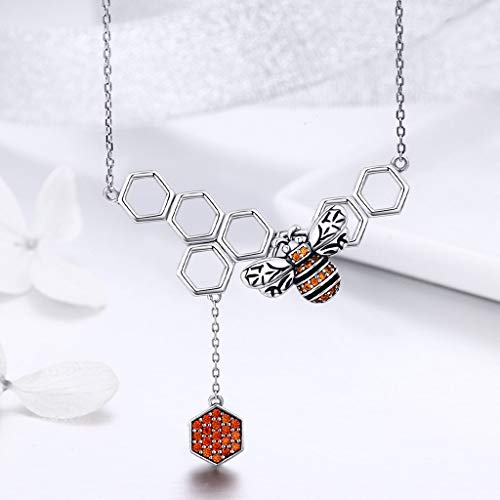 PAHALA 925 Sterling Silver Insect Bee Honeycomb with Crystals Clear CZ Pendant Necklace
