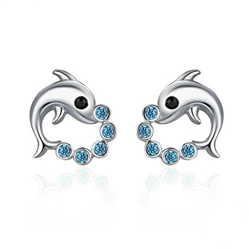 PAHALA 925 Sterling Silver Cut Dolphin With Blue Crystals Party Wedding Stud Earrings