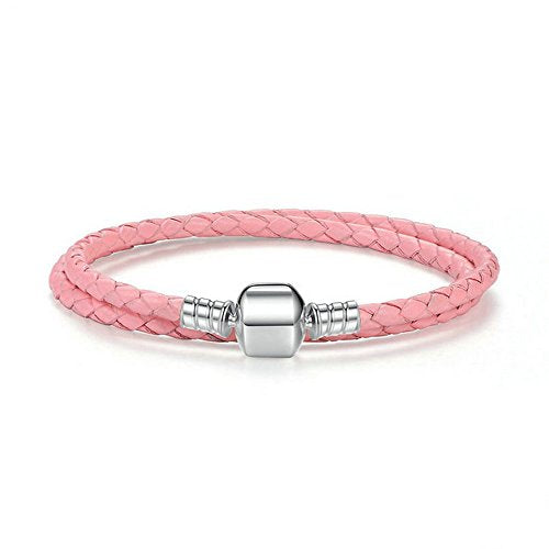 PAHALA 925 Sterling Silver Long 4 Colors Braided Leather Chain Snake Clasp (36, Pink)