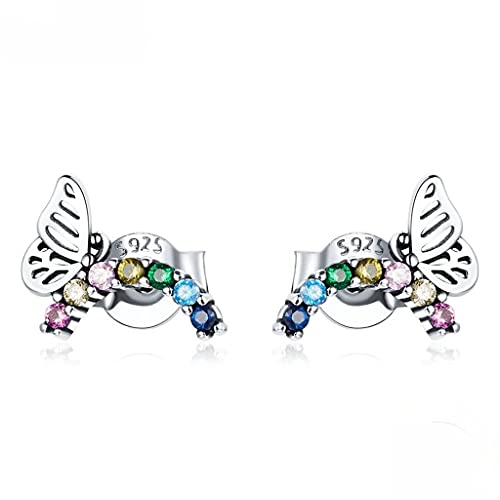 PAHALA 925 Sterling Silver Cute Rainbow Butterfly Coloful Crystals Stud Earrings