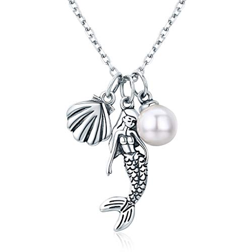 PAHALA 925 Sterling Silver Mermaid Legend Shell with Crystals Clear CZ Pendant Necklace