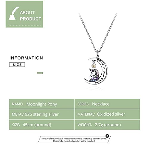 PAHALA 925 Sterling Silver Moonlight Unicorn Crystals Believe Chain Necklace Pendant Wedding Necklace
