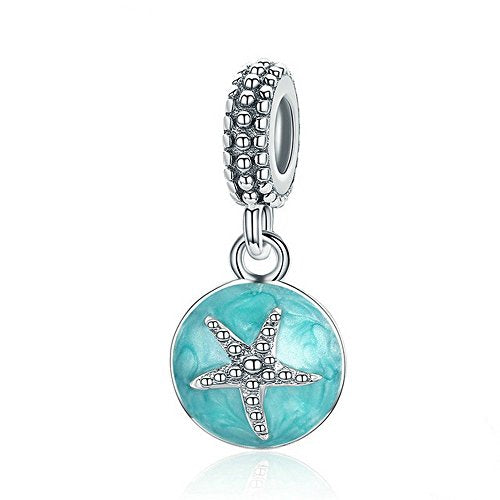 PAHALA 925 Strling Silver Starfish See with Green Blue Enamel Charms Fit Bracelets Necklace