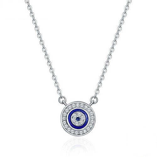 PAHALA 925 Sterling Silver Blue Eye Round Crystals Clear CZ Pendant Necklace