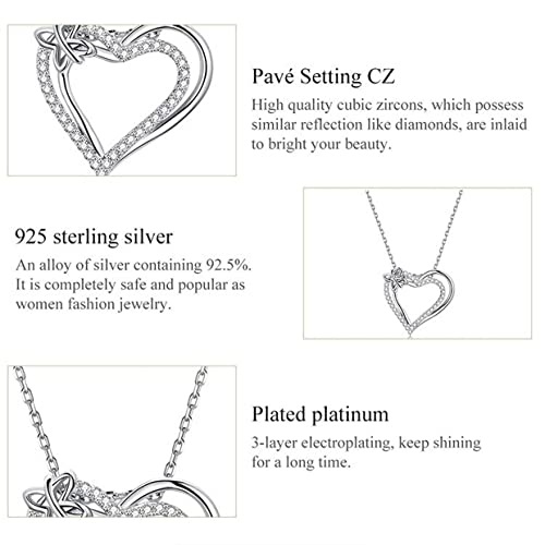 PAHALA 925 Sterling Silver Crystals Double Layer Heart Chain Necklace Pendant Wedding Necklace