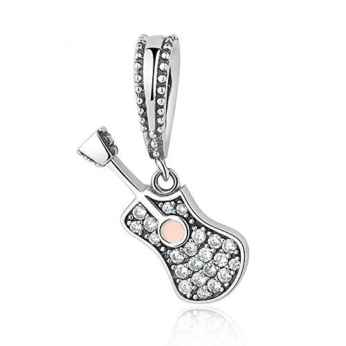 PAHALA 925 Strling Silver Guitar with Pink Crystals Charms Pendant Fit Bracelets Necklace