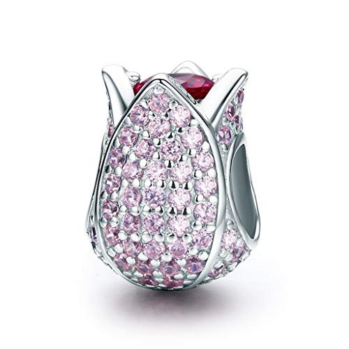 PAHALA 925 Sterling Silver Tulip Flower with Pink Crystal Charm Bead