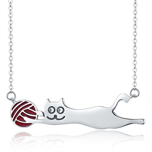 PAHALA 925 Sterling Silver Cat with Red Enamel Ball Clear CZ Pendant Necklace